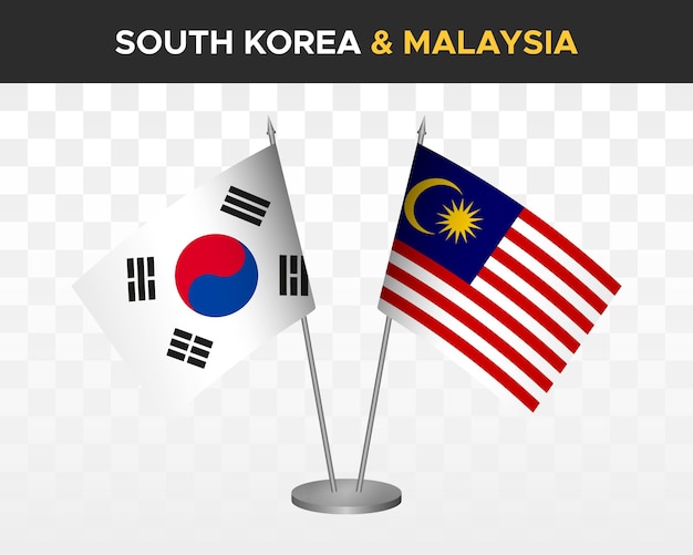 Maqueta de banderas de escritorio de corea del sur vs malasia banderas de mesa de ilustración vectorial 3d aisladas