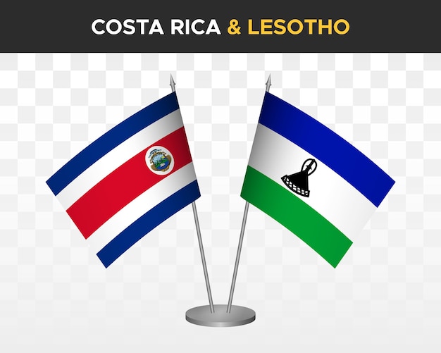 Maqueta de banderas de escritorio de costa rica vs lesotho banderas de mesa de ilustración vectorial 3d aisladas