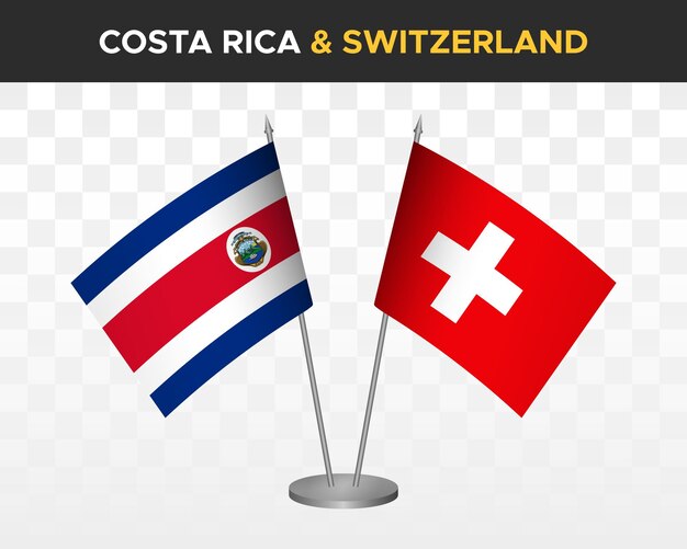 Maqueta de banderas de escritorio de Costa Rica vs Suiza banderas de mesa de ilustración vectorial 3d aisladas