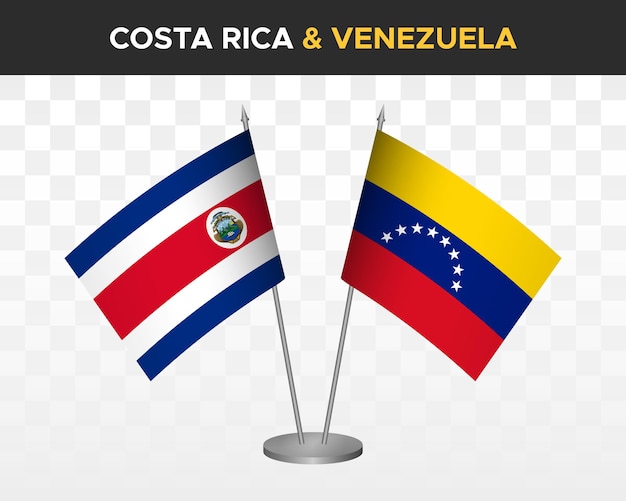Maqueta de banderas de escritorio de Costa Rica vs Venezuela banderas de mesa de ilustración vectorial 3d aisladas
