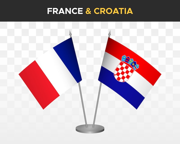 Maqueta de banderas de escritorio de francia vs croacia ilustración vectorial 3d aislada banderas de mesa francesas