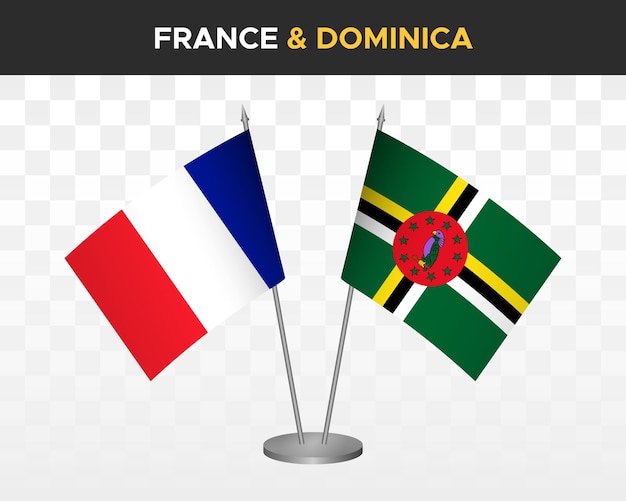 Maqueta de banderas de escritorio de francia vs dominica ilustración vectorial 3d aislada banderas de mesa francesas