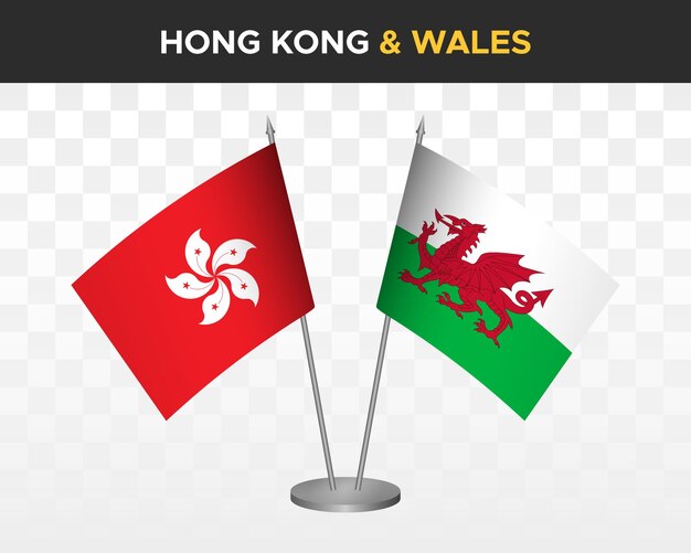 Vector maqueta de banderas de escritorio de hong kong vs gales bandera de mesa de ilustración vectorial 3d aislada