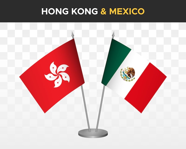 Maqueta de banderas de escritorio de Hong Kong vs México bandera de mesa de ilustración vectorial 3d aislada