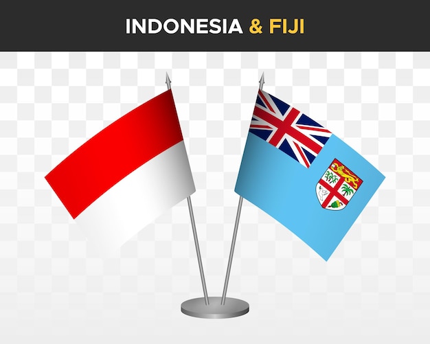 Maqueta de banderas de escritorio de Indonesia vs Fiji banderas de mesa de ilustración de vector 3d aisladas