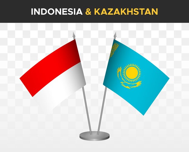 Maqueta de banderas de escritorio de Indonesia vs Kazajstán banderas de mesa de ilustración vectorial 3d aisladas