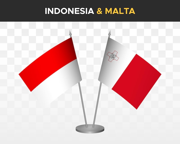 Maqueta de banderas de escritorio de Indonesia vs malta banderas de mesa de ilustración de vector 3d aisladas