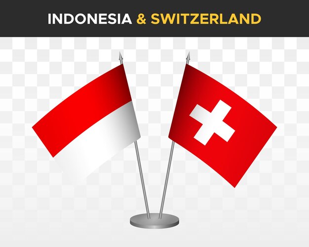 Maqueta de banderas de escritorio de Indonesia vs Suiza banderas de mesa de ilustración vectorial 3d aisladas