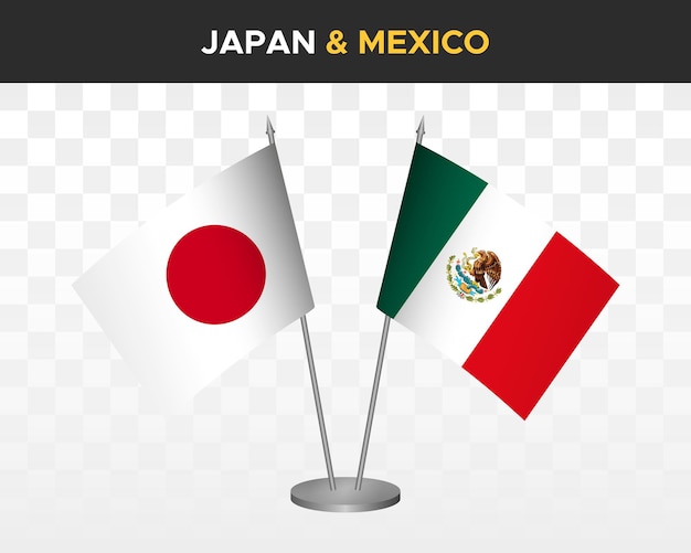 Maqueta de banderas de escritorio de Japón vs México ilustración vectorial 3d aislada banderas de mesa japonesas