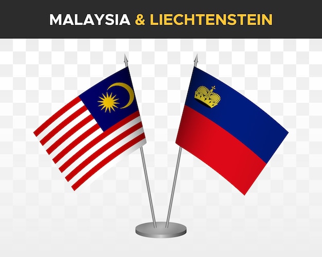 Maqueta de banderas de escritorio de Malasia vs Liechtenstein aislado en banderas de mesa de ilustración de vector 3d blanco