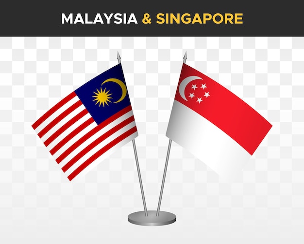 Maqueta de banderas de escritorio de Malasia vs Singapur aislado en banderas de mesa de ilustración de vector 3d blanco
