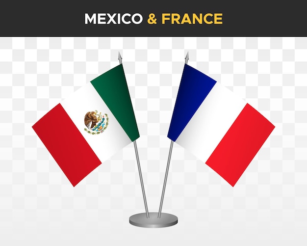 Maqueta de banderas de escritorio de México vs Francia ilustración vectorial 3d aislada bandera de mesa mexicana