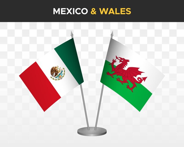 Maqueta de banderas de escritorio de México vs Gales ilustración vectorial 3d aislada bandera de mesa mexicana