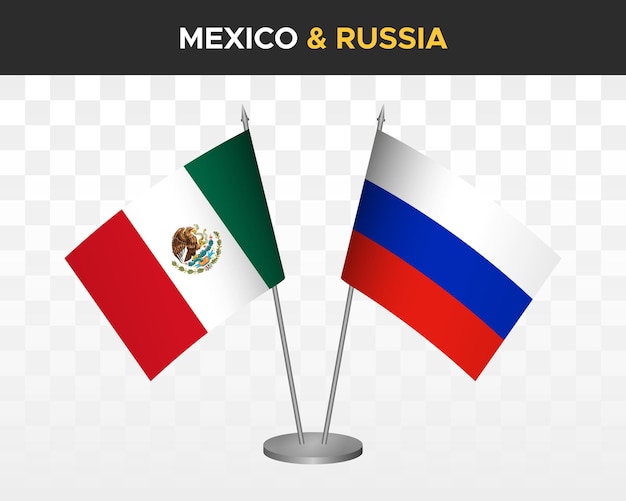 Maqueta de banderas de escritorio de México vs Rusia ilustración vectorial 3d aislada bandera de mesa mexicana