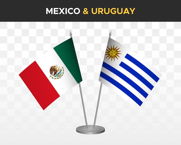 Maqueta de banderas de escritorio de México vs Uruguay ilustración vectorial 3d aislada bandera de mesa mexicana