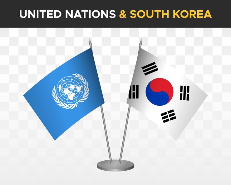 Vector maqueta de banderas de escritorio de las naciones unidas vs corea del sur banderas de mesa de ilustración vectorial 3d aisladas