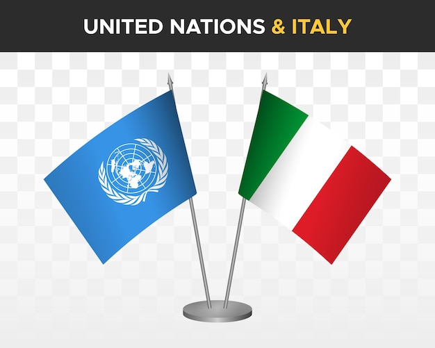 Maqueta de banderas de escritorio de las naciones unidas vs italia banderas de mesa de ilustración vectorial 3d aisladas