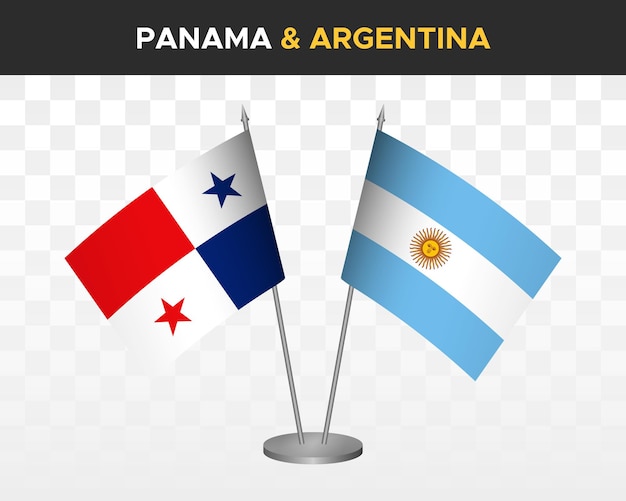 Maqueta de banderas de escritorio de Panamá vs argentina banderas de mesa de ilustración vectorial 3d aisladas