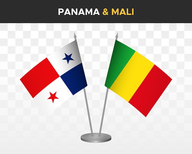 Maqueta de banderas de escritorio de Panamá vs mali banderas de mesa de ilustración vectorial 3d aisladas
