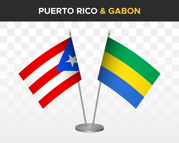 Maqueta de banderas de escritorio de Puerto Rico vs Gabón banderas de mesa de ilustración vectorial 3d aisladas