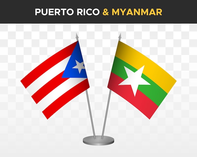 Maqueta de banderas de escritorio de puerto rico vs myanmar banderas de mesa de ilustración vectorial 3d aisladas
