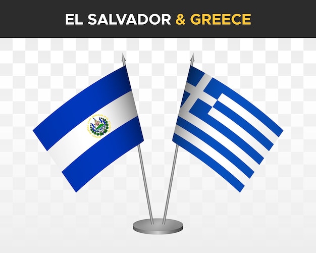 Maqueta de banderas de escritorio de El Salvador vs Grecia banderas de mesa de ilustración vectorial 3d aisladas