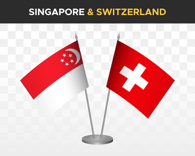 Maqueta de banderas de escritorio de Singapur vs Suiza banderas de mesa de ilustración vectorial 3d aisladas