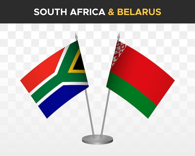 Maqueta de banderas de escritorio de Sudáfrica vs Bielorrusia banderas de mesa de ilustración vectorial 3d aisladas