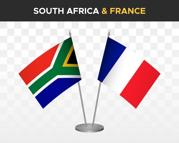 Maqueta de banderas de escritorio de Sudáfrica vs Francia banderas de mesa de ilustración vectorial 3d aisladas
