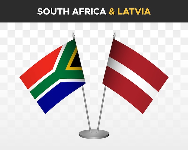 Maqueta de banderas de escritorio de Sudáfrica vs Letonia banderas de mesa de ilustración vectorial 3d aisladas