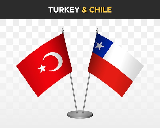 Maqueta de banderas de escritorio de Turquía vs Chile aislado en banderas de mesa de ilustración de vector 3d blanco