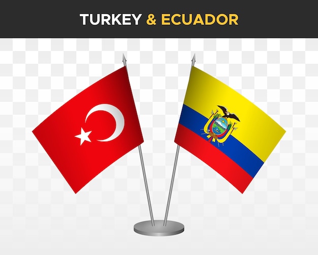 Maqueta de banderas de escritorio de turquía vs ecuador aislado en banderas de mesa de ilustración de vector 3d blanco