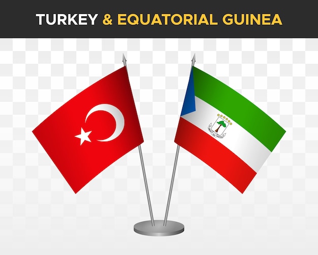 Maqueta de banderas de escritorio de Turquía vs Guinea Ecuatorial aislada en banderas de mesa de ilustración de vector 3d blanco