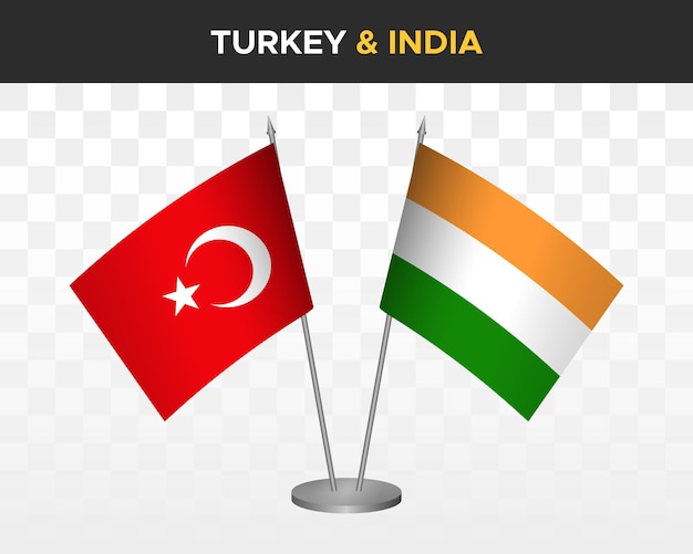 Maqueta de banderas de escritorio de Turquía vs India aislada en banderas de mesa de ilustración de vector 3d blanco