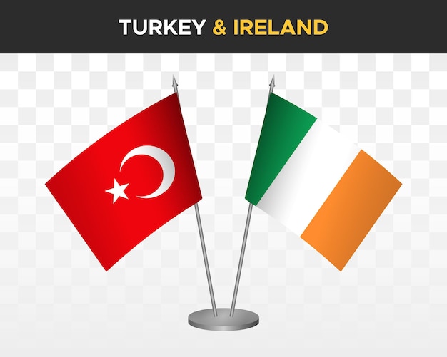 Maqueta de banderas de escritorio de Turquía vs Irlanda aisladas en banderas de mesa de ilustración de vector 3d blanco