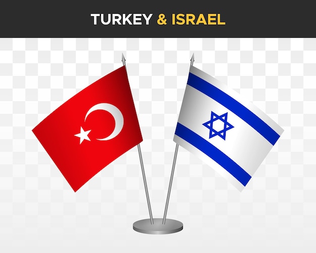 Maqueta de banderas de escritorio de Turquía vs Israel aisladas en banderas de mesa de ilustración de vector 3d blanco