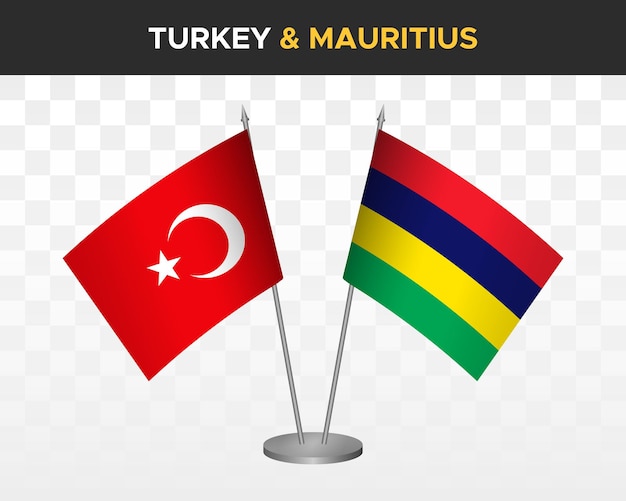 Maqueta de banderas de escritorio de Turquía vs Mauricio aisladas en banderas de mesa de ilustración de vector 3d blanco