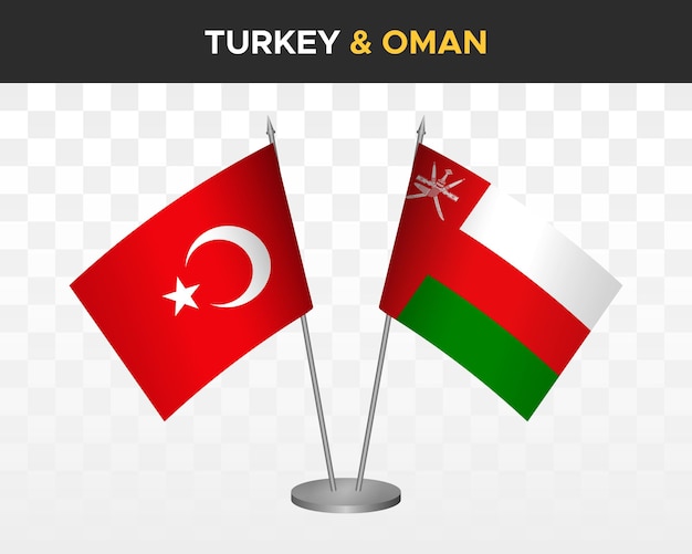 Maqueta de banderas de escritorio de Turquía vs Omán aislado en banderas de mesa de ilustración de vector 3d blanco