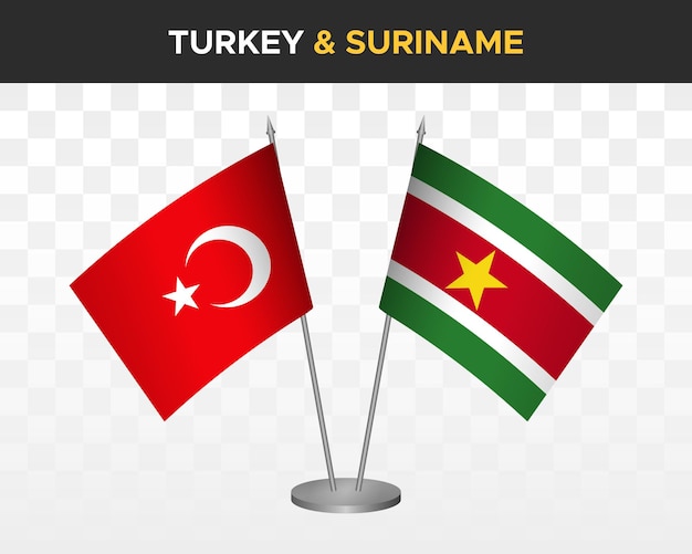 Maqueta de banderas de escritorio de Turquía vs Surinam aislado en banderas de mesa de ilustración de vector 3d blanco