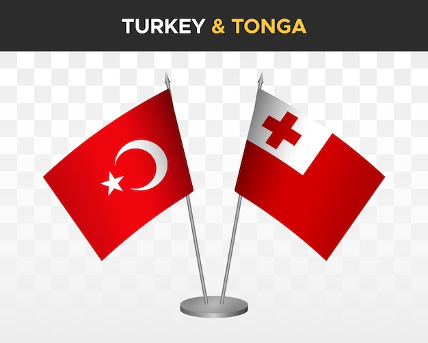 Maqueta de banderas de escritorio de Turquía vs Tonga aislado en banderas de mesa de ilustración de vector 3d blanco