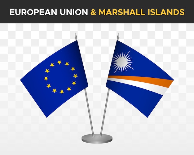 Maqueta de banderas de escritorio de la unión europea vs islas marshall ilustración vectorial 3d aislada Banderas de mesa de la UE