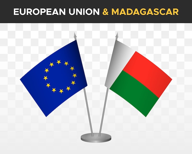 Maqueta de banderas de escritorio de la unión europea vs madagascar ilustración vectorial 3d aislada Banderas de mesa de la UE