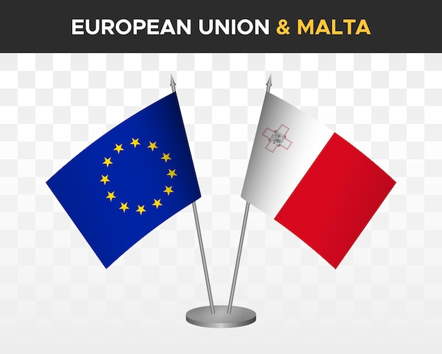Maqueta de banderas de escritorio de la unión europea vs malta ilustración vectorial 3d aislada Banderas de mesa de la UE