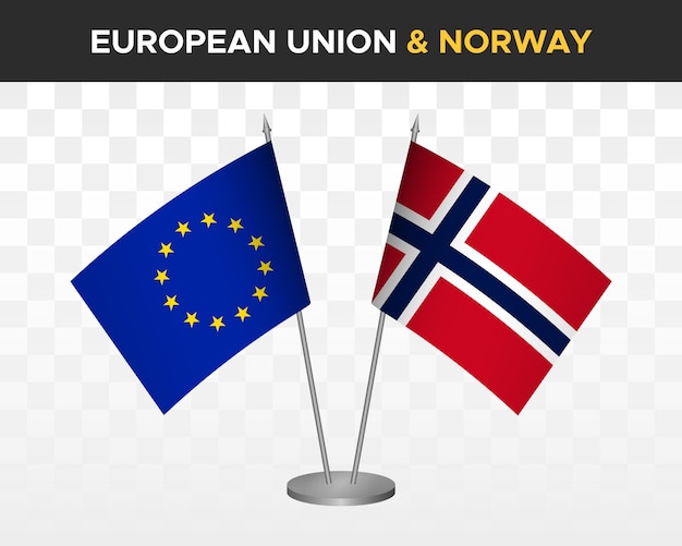 Maqueta de banderas de escritorio de la unión europea vs noruega ilustración vectorial 3d aislada Banderas de mesa de la UE