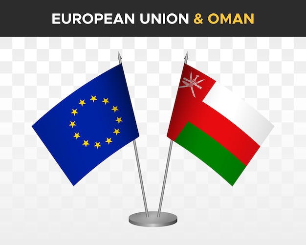 Maqueta de banderas de escritorio de la unión europea vs omán ilustración vectorial 3d aislada Banderas de mesa de la UE