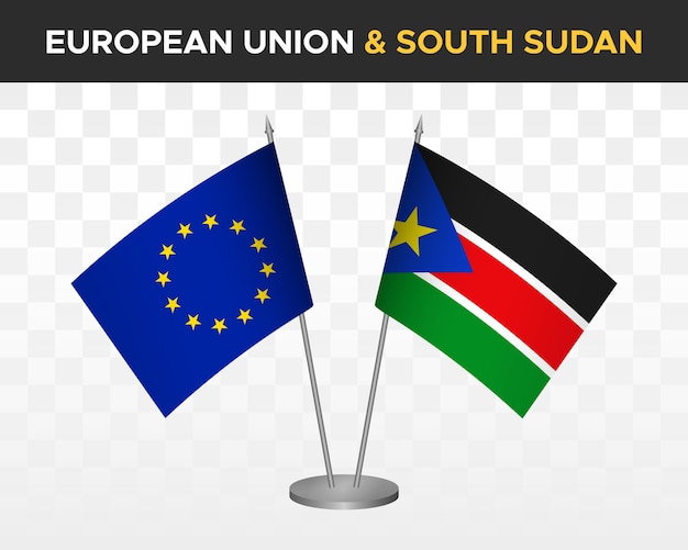 Maqueta de banderas de escritorio de la unión europea vs sudán del sur ilustración vectorial 3d aislada Banderas de mesa de la UE