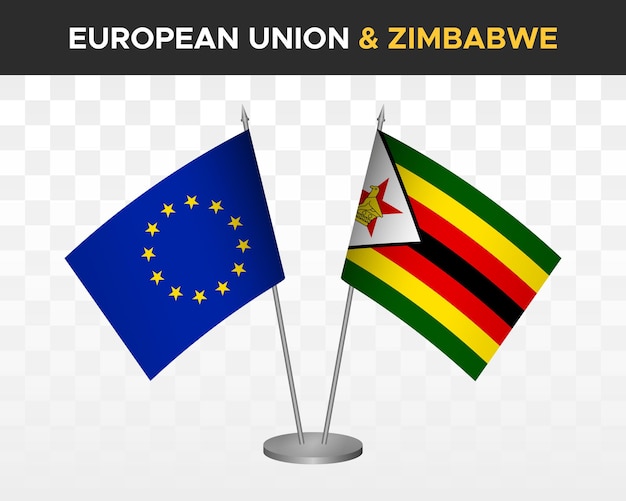 Maqueta de banderas de escritorio de la unión europea vs zimbabwe ilustración vectorial 3d aislada Banderas de mesa de la UE