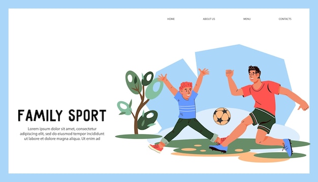 Maqueta de banner de sitio web de deporte familiar con padre e hijo jugando vector plano de fútbol