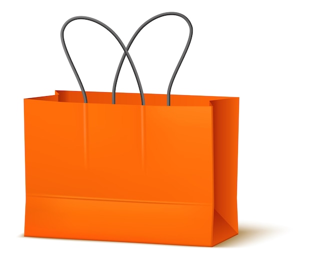 Maqueta de bolsa de papel naranja. Plantilla de paquete de compra de artesanía en blanco aislado sobre fondo blanco.