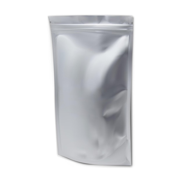 Maqueta de bolsa de papel plantilla de bolsa de plástico plantilla de vector de bolsita de bocadillos sobre de aluminio aislado